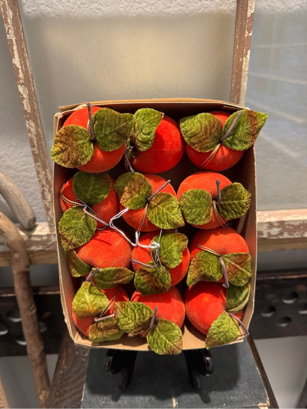 Vintage Flocked Velvet Apples in original box